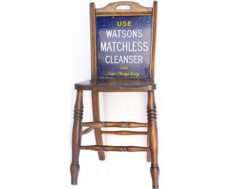 Watsons advertising chair with enamel panel in the back USE WATSON'S MATCHLESS CLEANSER AND TAKE THINGS EASY on one side and 