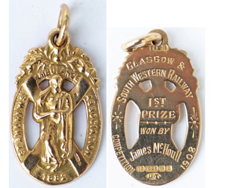 St John Ambulance Association 15 carat gold medal. 1st PRIZE WON BY JAMES McHOULL GLASGOW &amp; SOUTH WESTERN RAILWAY 1908. I