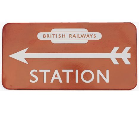 BR(NE) FF enamel direction sign STATION with British Railways totem and left facing arrow. In very good condition with a few 