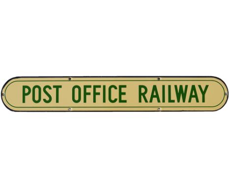 Enamel doorplate POST OFFICE RAILWAY. Measures 18in x 2.75in and is in excellent condition with minor edge chipping. The line
