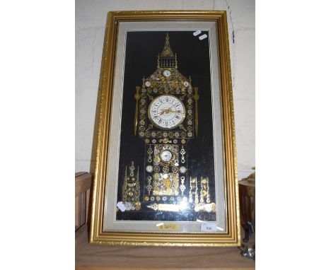KERSH FRAMED CLOCK FORMED FROM VARIOUS WATCH PARTS MARKED "BIG BEN LONDON"