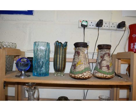 MIXED LOT:  ART GLASS VASES, NOVELTY GLASS AND CHROME ASHTRAY, A PAIR OF FLORAL DECORATED VASES MARKED "ENGLAND 701" (5)