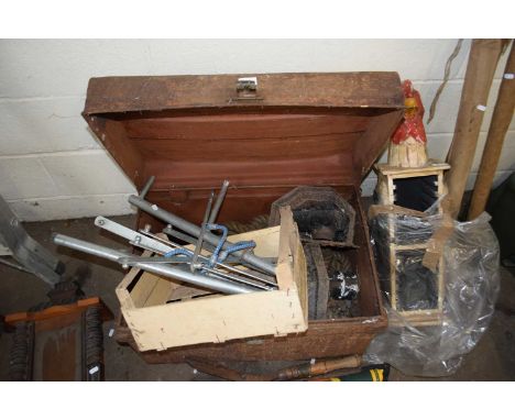 A METAL TRUNK CONTAINING GUTTER HOPPERS, ROPE AND OTHER ASSORTED ITEMS