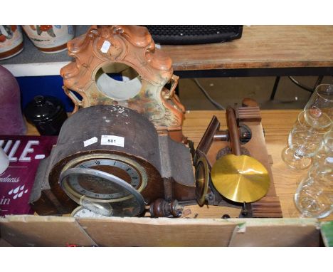 MIXED LOT:  MANTEL CLOCK AND VARIOUS CLOCK PARTS