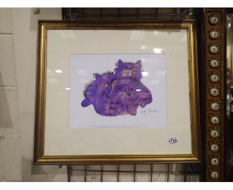 Lithograph of two cats in purple after Andy Warhol, 63 x 55 cm. This lot is not available for in-house P&amp;P. 