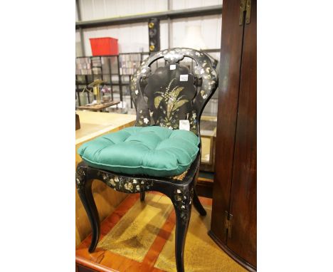 Victorian lacquered and mother-of-pearl inlaid bedroom chair with bergere panel seat (requires re-caning), H: 80 cm. This lot