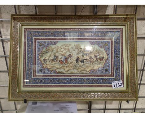 Persian Mughal painting on panel of an equestrian group sport. 47 x 32 cm. This lot is not available for in-house P&amp;P. 