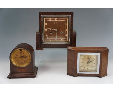 A Bentima Art Deco influenced oak mantel clock, circa 1930s - 1940s, 21 cm x 23 cm, together with a Smith's Sectric electric 