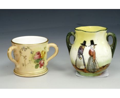 An early 20th century Royal Worcester miniature tyg together with a Royal Doulton pot, 4 cm
