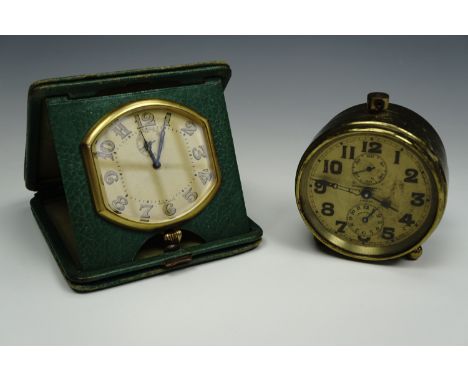 A late 19th Century bedside alarm clock by Zenith for Birch &amp; Gaydon, together with a green leather cased Art Deco influe