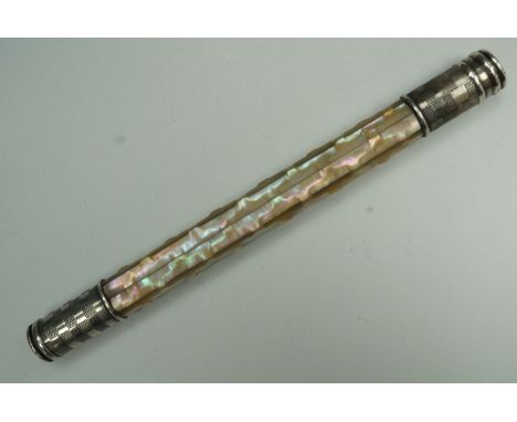 A late 19th / early 20th Century Sterling white metal mounted mother of pearl thermometer or similar case, 11.5 cm