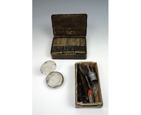 A cased set of vintage wooden dominoes together with a quantity of vintage pocket tools including a knife, scale etc 