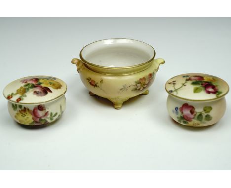 Two Royal Worcester blush ivory lidded boxes, round bodied with floral decoration 2.5 cm dia, and a miniature compressed ovoi
