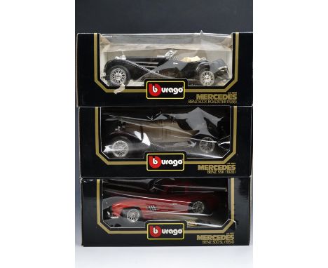 Three Burago Mercedes 1:18 scale die-cast model cars