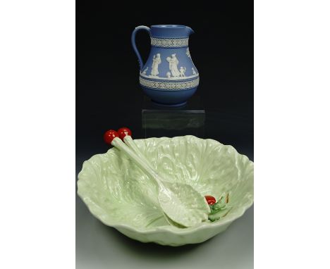 Carlton Ware leaf pattern salad bowl with servers, together with a Wedgwood blue jasper jug.