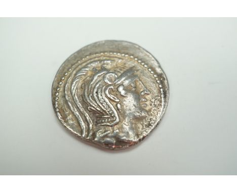 An ancient Greek Athenian silver tetradrachm coin, circa 200 BCE [Purchased from Chris Martin, Ancient Art, The Vale, London]