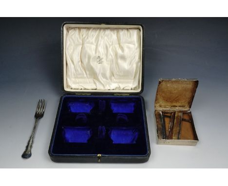 A silver cigarette box, (a/f), a silver fruit fork and a case fitted for a set of salts