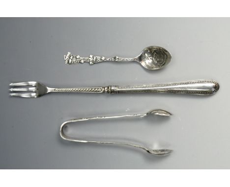 A Victorian silver Gateshead-Upon-Tyne teaspoon together with an electroplate pickle fork and sugar tongs