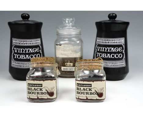 Two large ceramic 'Vintage Tobacco' jars together with two cork topped pipe tobacco jars and another glass jar, tallest 24 cm