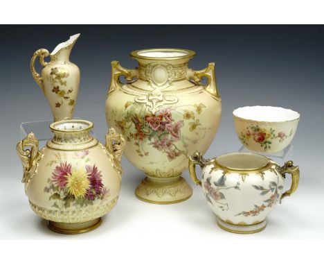 Five items of Royal Worcester blush ivory porcelain, comprising compressed oviform two handled vase with raised gilt and enam