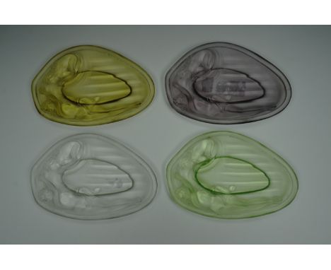 Four Art Nouveau Lalique style nut dishes, in four different colours of glass.