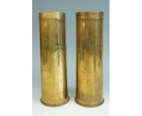 Two Great War trench art engraved 18-pounder artillery shell cases