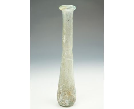 An ancient Roman iridescent glass 'lacrymatory' bottle, 1st - 3rd C CE, 11.5 cm [Purchased from Ancient Art, The Vale, London
