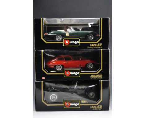 Three Burago Jaguar 1:18 scale die-cast model cars