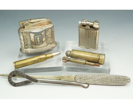 Sundry small collectables including a trench art cigarette lighter and a "bullet" pocket knife, an Elder Dempster &amp; Co Ma