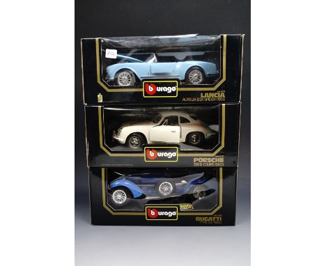 Three various Burago 1:18 scale die-cast model cars including a Bugatti Type 59