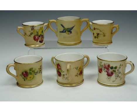 An assortment of Royal Worcester blush ivory porcelain miniatures, comprising a tyg, a pair of loving cups, two tankards, and