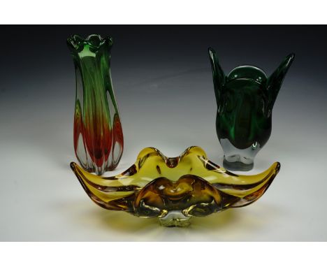 Three items of Murano type art glass: two vases and a dish.