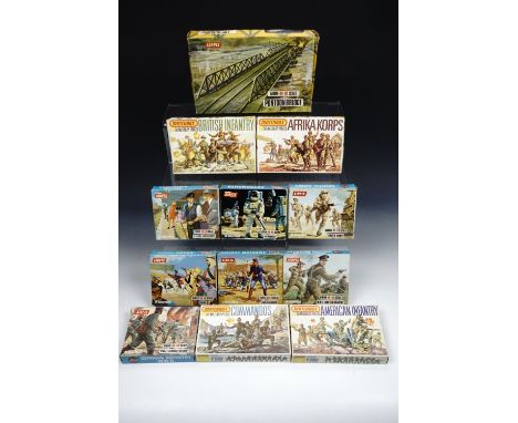 World War 2 plastic soldiers, HO and OO scale, 24 boxes with soldiers, and an Airfix snap together pontoon bridge.