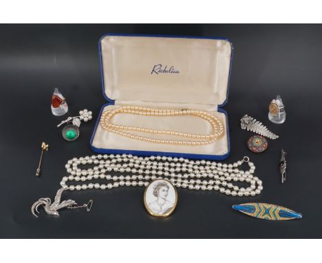 A 1953 Royal Worcester coronation commemorative porcelain brooch, together with other items of vintage costume jewellery