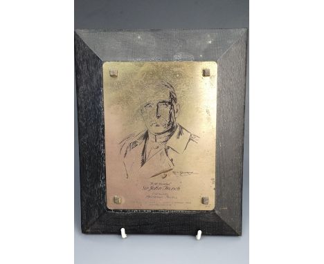 A brass plaque bearing a portrait of Field Marshal Sir John French, mounted on a bevel-edged ebonised oak plaque bearing a la