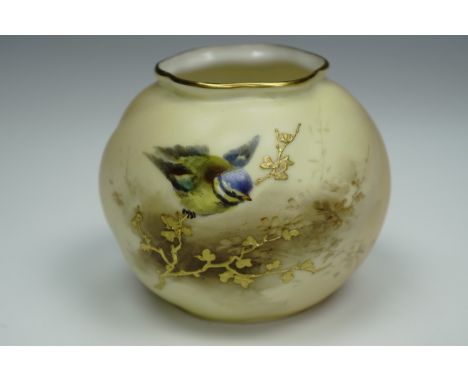 Royal Worcester Blush Ivory oval bodied posy vase, decorated with raised gilt branches and a hand painted blue tit, shape G16