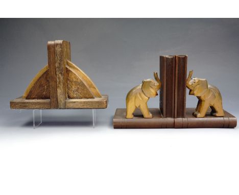 A pair of carved wood elephant book ends together with an Art Deco influenced pair, tallest 15 cm