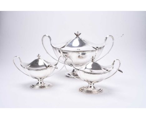 An early 20th century silver serving tureen and a pair of sauce tureens, Thomas Bradbury &amp; Sons, London 1900-1903, each o