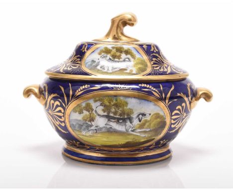 A Coalport 'Animal Service' dessert sauce tureen and cover, circa 1800-05of oval form with twin handles, painted with four di