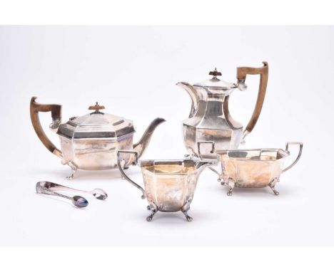 An Art Deco four-piece silver tea service, Emile Viner, Sheffield 1934, each piece of faceted octagonal form and raised on fo