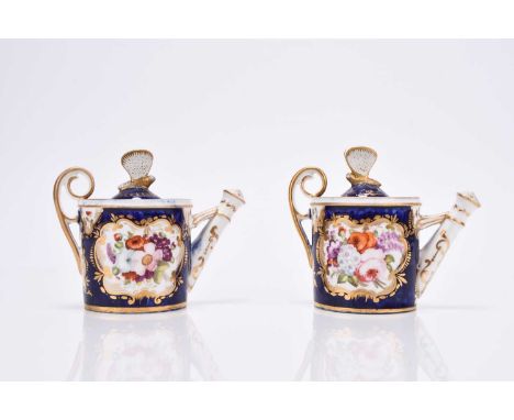A pair of Coalport miniature rosewater sprinklers in the form of watering cans, circa 1810-20, of drum form with raised upper