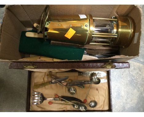 An Eccles Type 6 brass miners lamp, impressed 'The Protector Lamp and Lighting, together with a quantity of flatware (2)