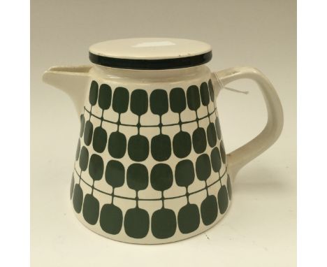A Melitta German teapot, circa 1960s, conical form with green geometric design