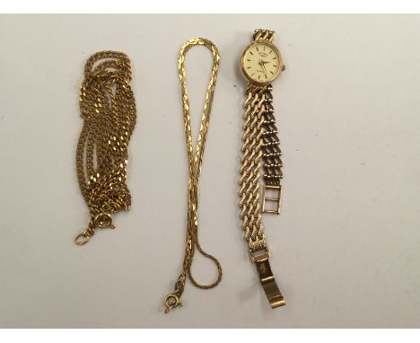 Two 18ct gold necklaces (one unmarked but tests as 18ct) and a 9ct cased lady's Rotary wristwatch (back missing) (3) 