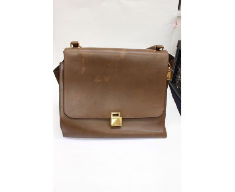 CELINE Trapeze handbag in khaki leather, featuring two tone leather and suede, leather top handle, gold tone hardware,  engra