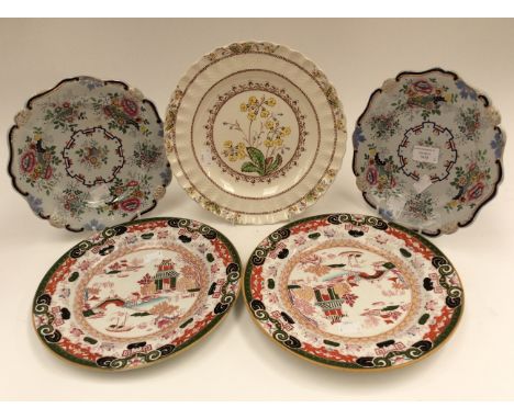 A pair of Ashworth Brothers plates, Polychrome Willow pattern, a pair of Stone China plates and a later Copeland Spode, 'Spod