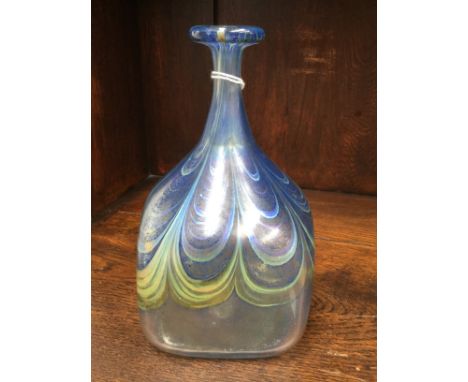 Peter Layton studio attenuated square glass vase, irridescent peacock pattern, signed to base