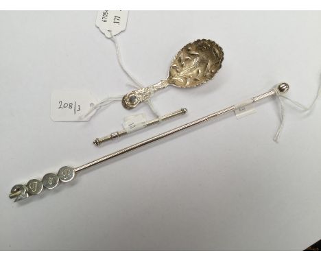 A collection of Elizabeth II silver including a cocktail swizzle stick, Birmingham 1981; a caddy spoon, Sheffield, 1985 and a