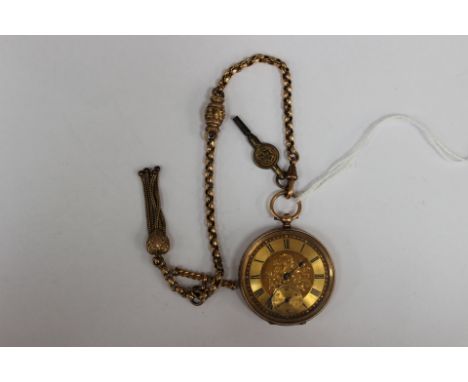 A late 19th / early 20th Century 14ct gold ladies fob watch, complete with a yellow metal watch chain, weight of chain 11 gra