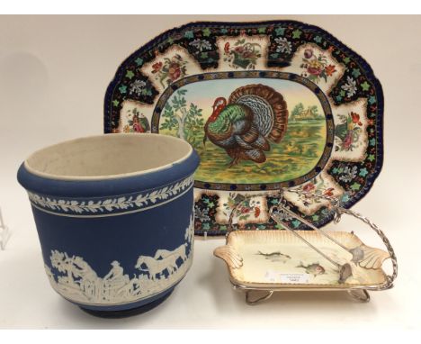 A large 'Turkey' platter Adams, together with a Doulton painted sardine dish, stand and servers, including an Adams 'jasperwa